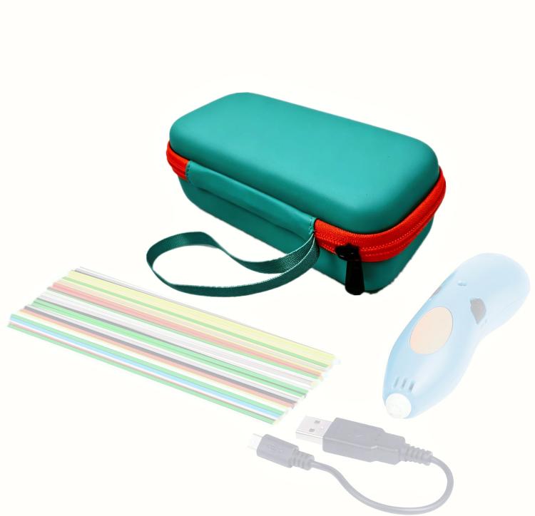 Teal hard case storage bag with strap, plus nearby craft accessories.