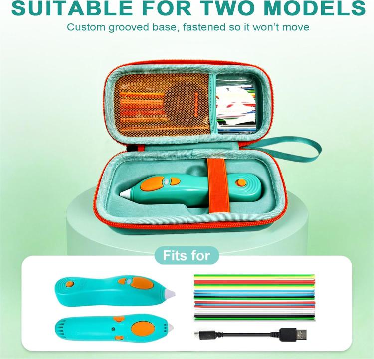 Teal hard zippered storage bag with pen, colored sticks, and mesh front pocket.