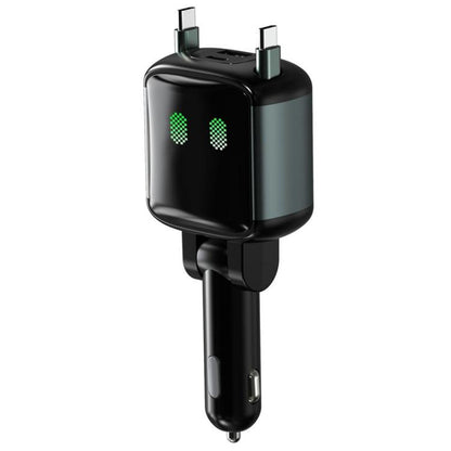 Black car charger with two retractable Type-C cables and green LED indicator lights