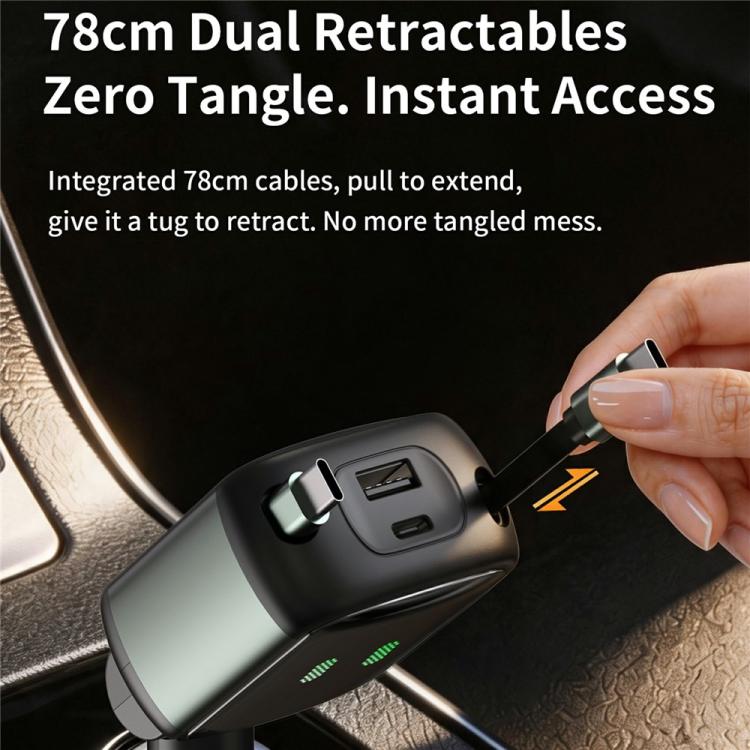 Black car charger with retractable Type-C cable extended; green LED grid on top