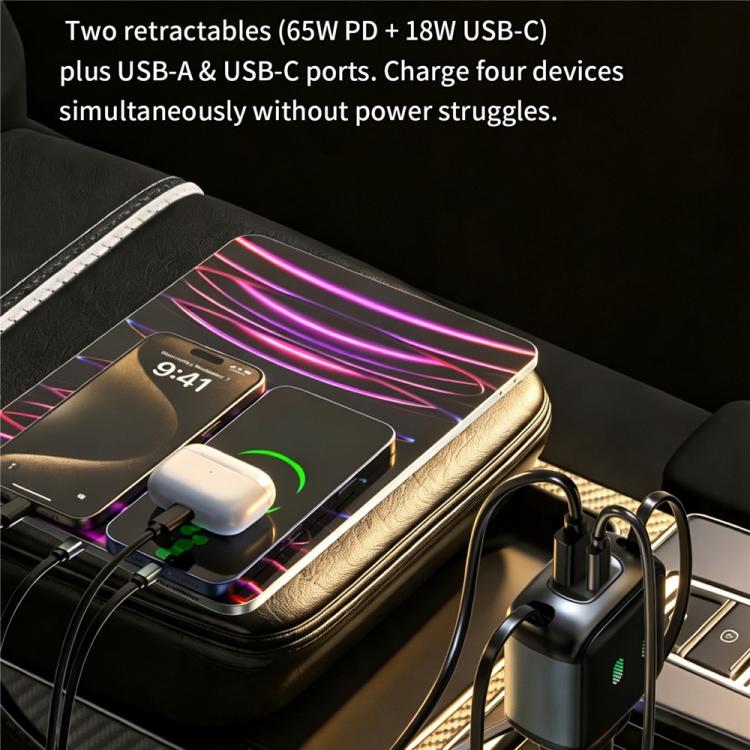Black car charger dock with retractable cables and green LED indicators charging devices