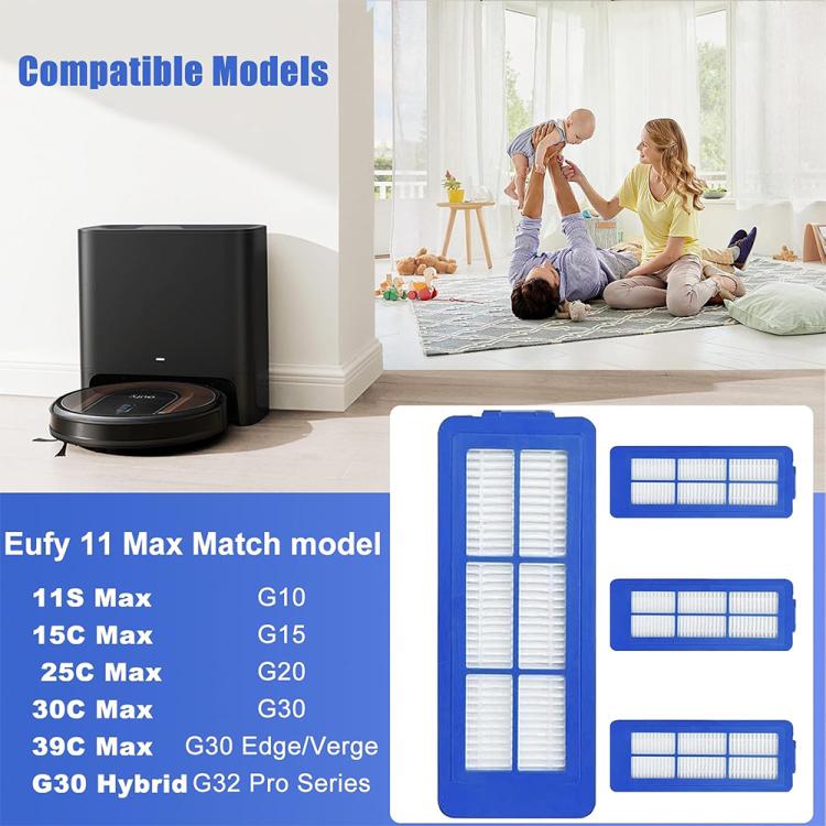 Pack of three blue-framed robot vacuum filters with white pleated media