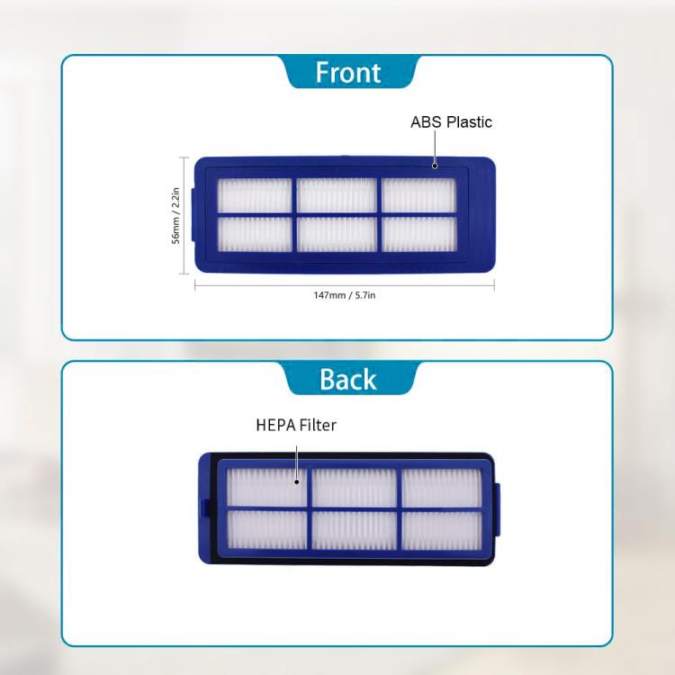 Robot vacuum filter diagrams: front and back blue frames with white pleated media