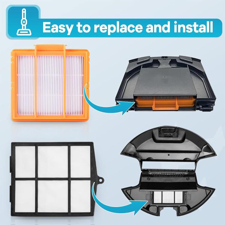 Orange and black vacuum filter pieces shown for easy replacement and install
