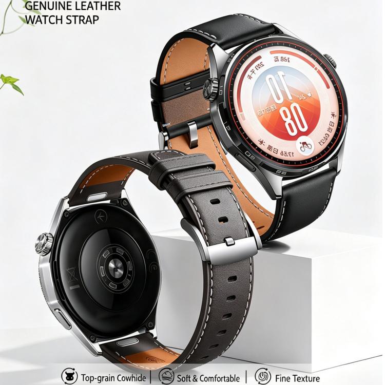 Press Button Pin Buckle Flat-End Genuine Leather Watch Band, 22mm