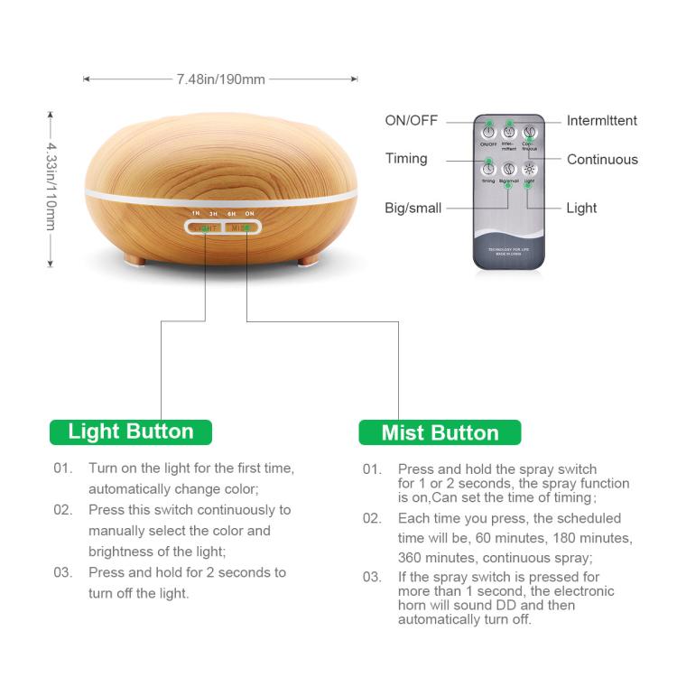 500ml Aromatherapy Diffuser Large Capacity Ultrasonic Essential Oil Humidifier with 7 Colors LED Lights, UK Plug, US Plug, AU Plug, EU Plug