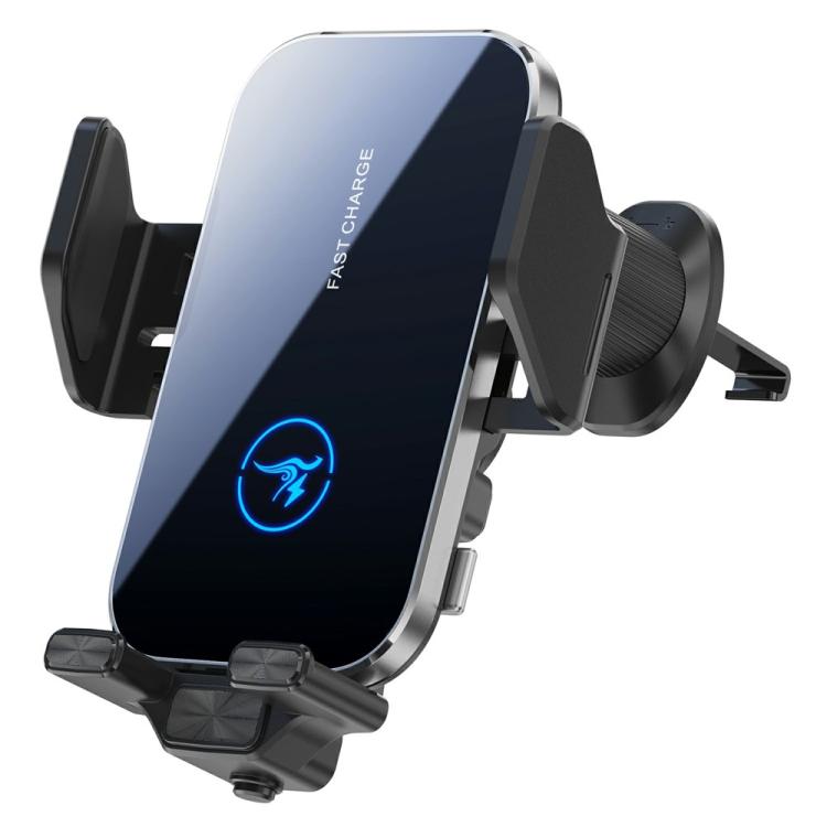 Qi wireless car charger phone holder for air vents, black cradle with glowing charging light