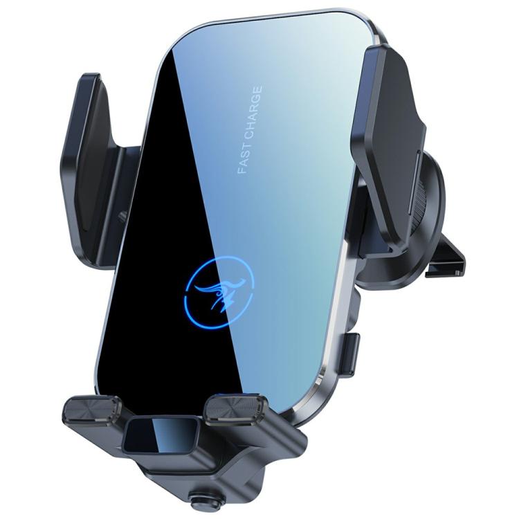 Wireless car charger phone mount with vent clamps and 360° rotation, blue charge icon