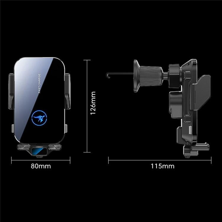 Wireless car charger phone holder with vent clamp, bracket shown with size measurements