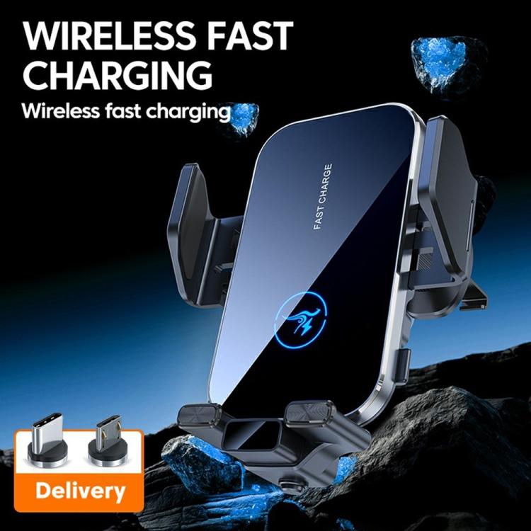 Wireless car charger phone mount with vent clamps and wireless charging phone cradle