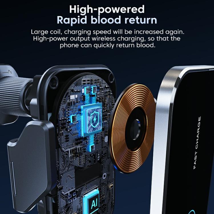 Wireless car charger phone mount with visible internal charging coil components