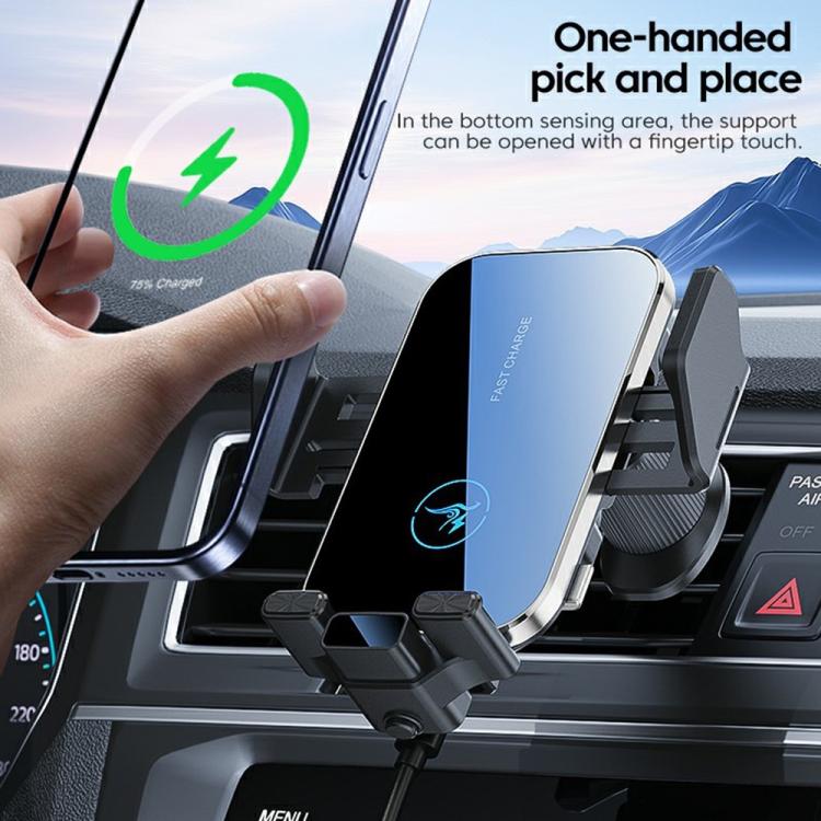 Wireless car charger phone mount with vent grip, phone placed in cradle with one hand