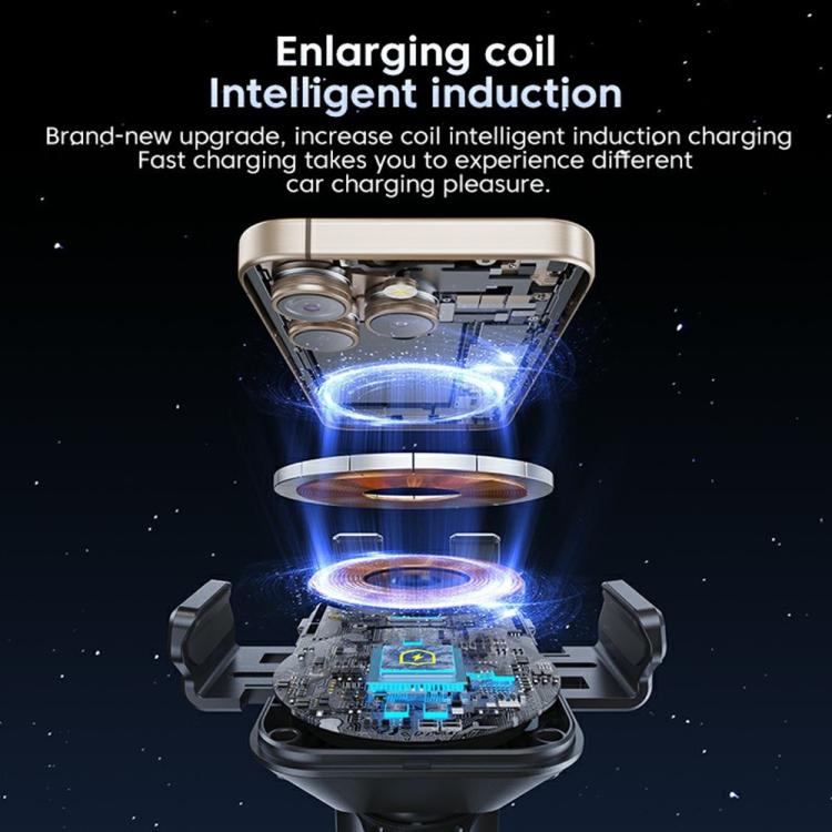 Wireless car charger phone mount with enlarged induction coil charging mechanism