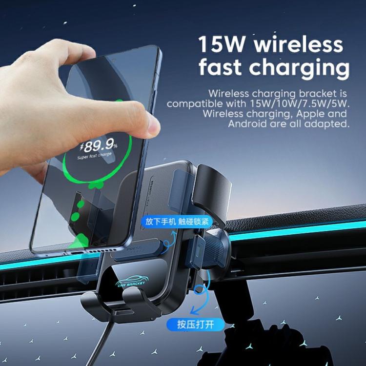 Qi car wireless charger bracket holding a phone in an auto-lock cradle