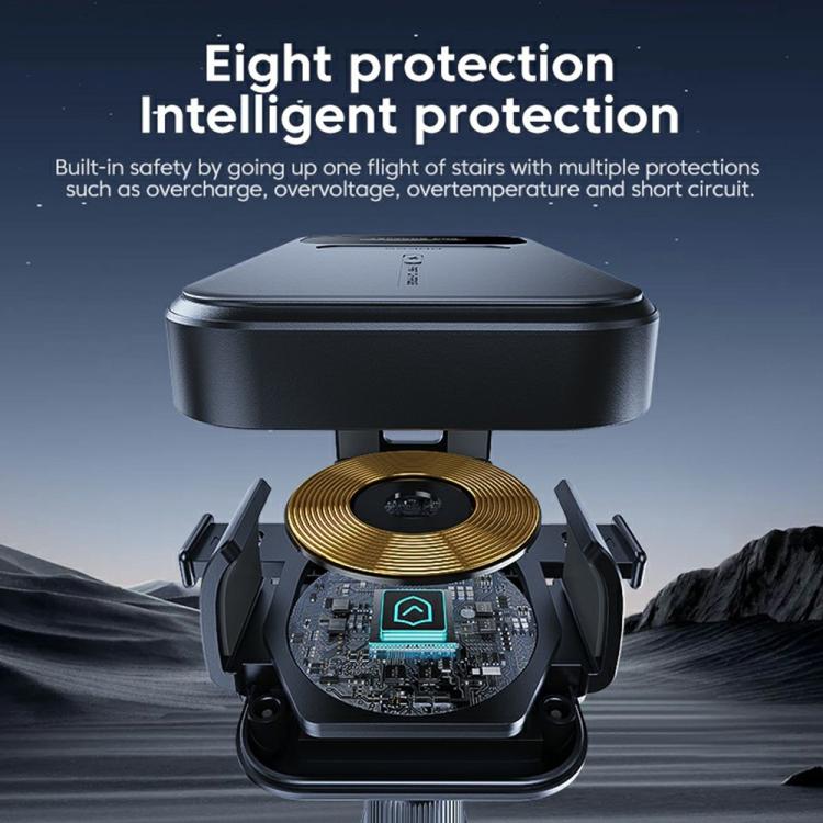 Qi wireless car charger bracket with visible charging coil and safety module