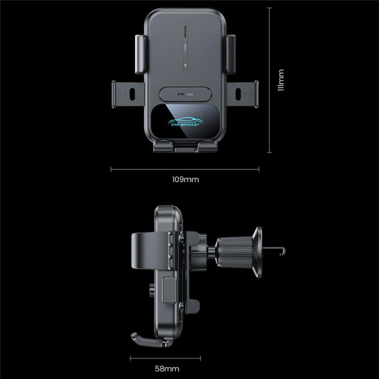 Qi wireless car phone charger holder with front and side view measurements