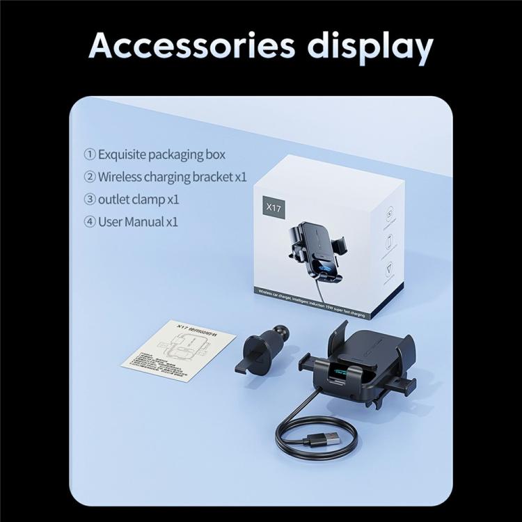 Qi wireless car phone charger kit with vent mount, cable, and accessories in box