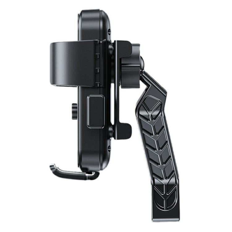 Wireless charging phone mount side view with adjustable clamp arms, dark gray