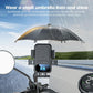 Wireless charging phone mount with rain-shelter styling, dark gray cradle and clamps
