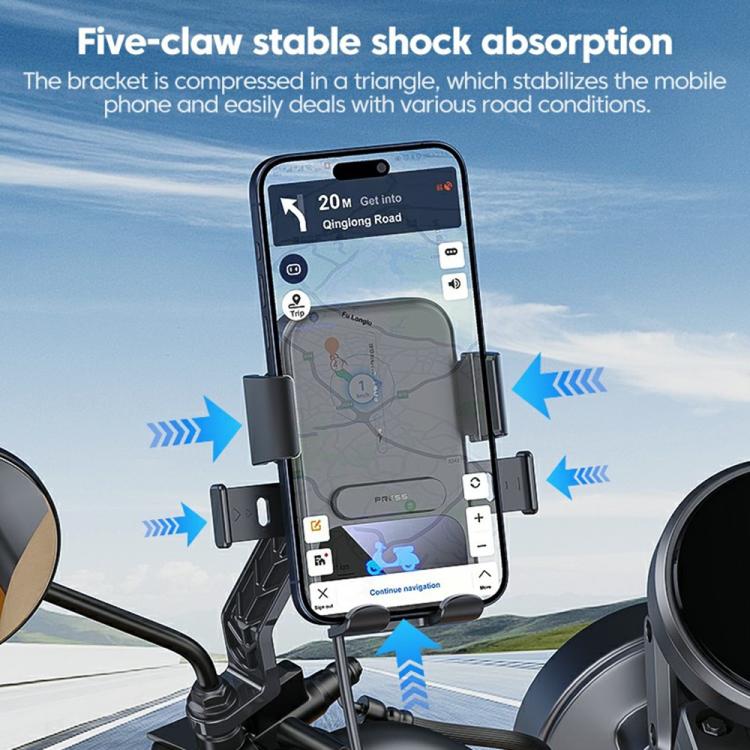 Wireless charging phone mount with shock-absorbing bracket, holding a dark phone