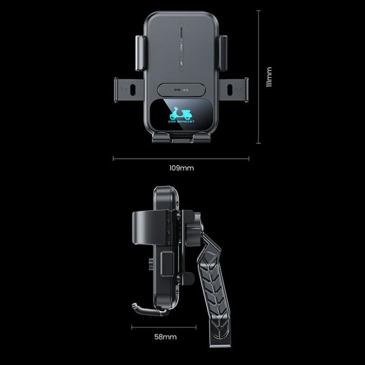 Wireless charging phone mount size diagram showing dark gray cradle and clamps