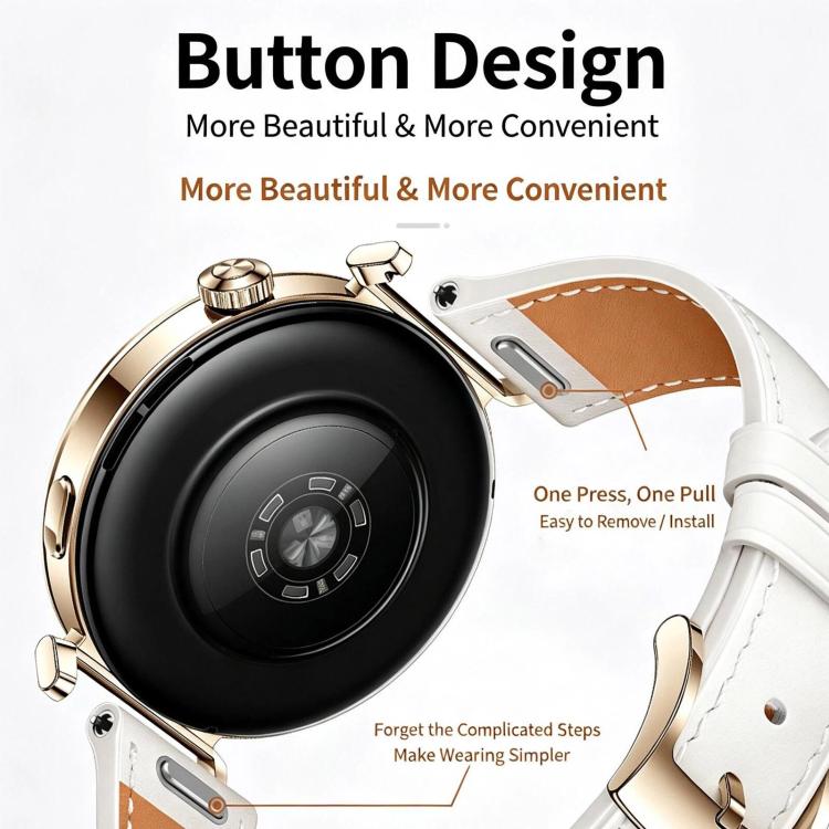 Press Button Pin Buckle Flat Tail Genuine Leather Watch Band, 18mm
