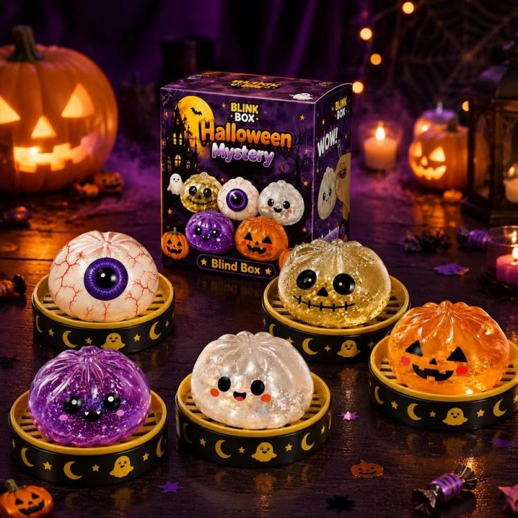 Halloween dumpling squishy stress relief toys with spooky ghost, pumpkin, and monster faces