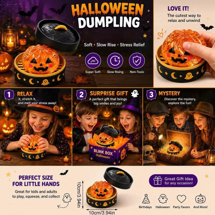 Orange pumpkin dumpling squishy stress relief toy with jack-o'-lantern face