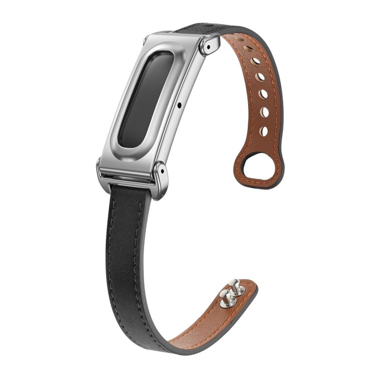 Metal Case Integrated Double Studs Genuine Leather Watch Band, For Google Fitbit Air