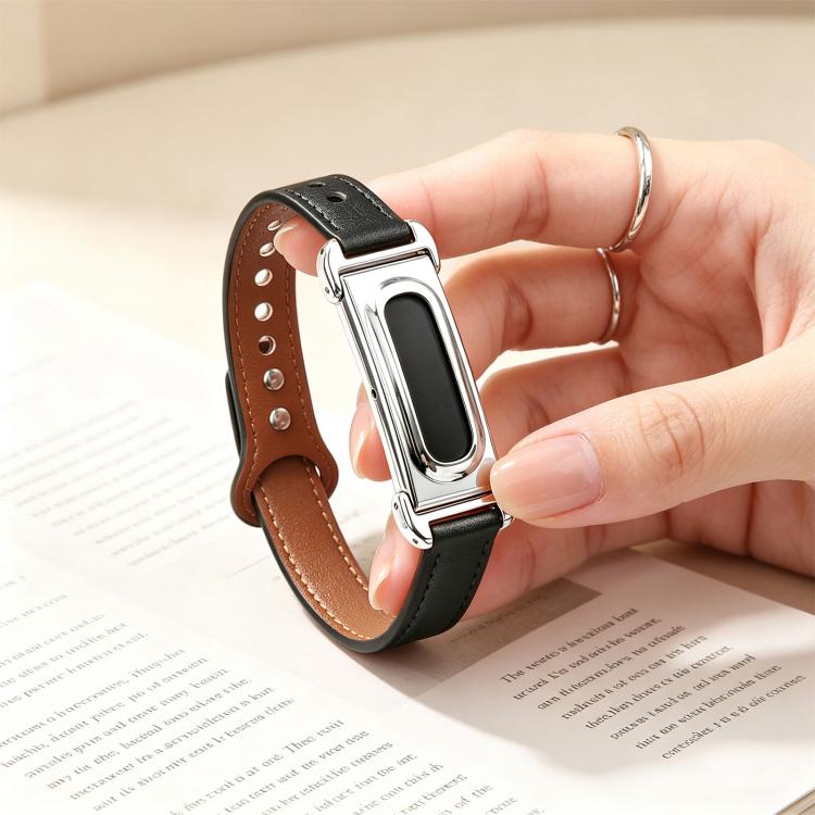 Metal Case Integrated Double Studs Genuine Leather Watch Band, For Google Fitbit Air