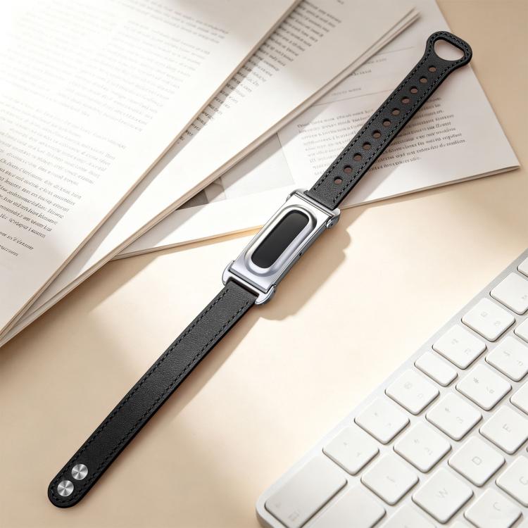 Metal Case Integrated Double Studs Genuine Leather Watch Band, For Google Fitbit Air