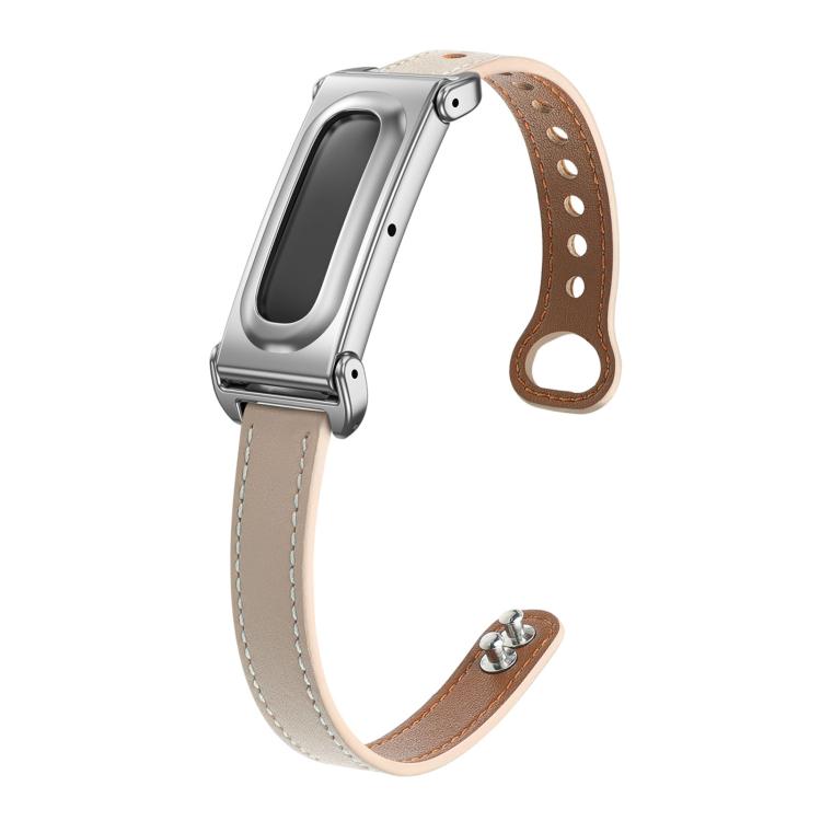 Metal Case Integrated Double Studs Genuine Leather Watch Band, For Google Fitbit Air