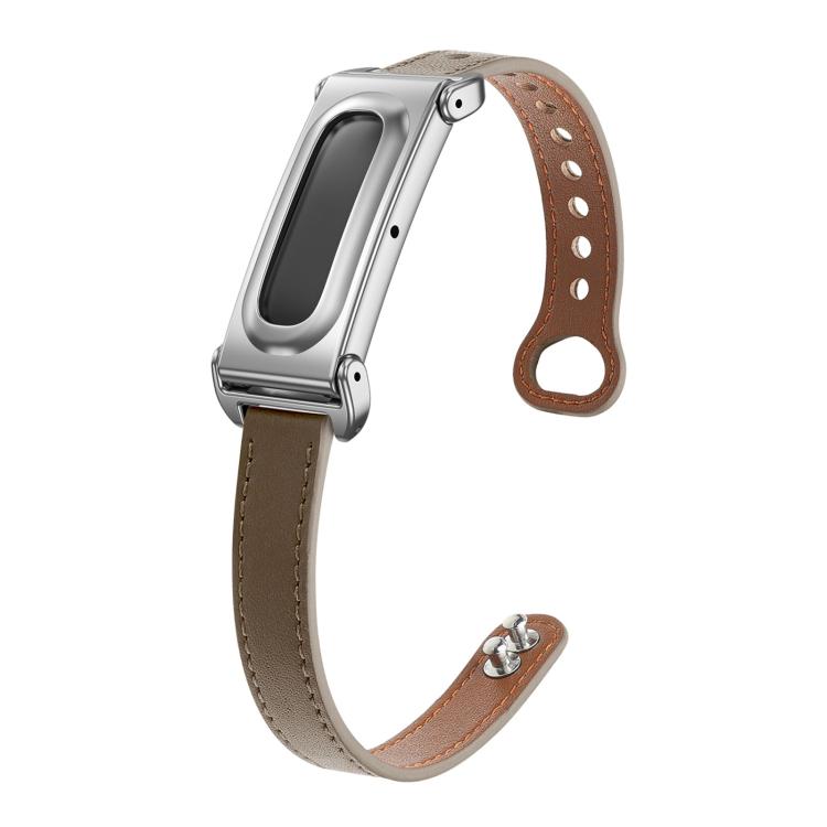Metal Case Integrated Double Studs Genuine Leather Watch Band, For Google Fitbit Air