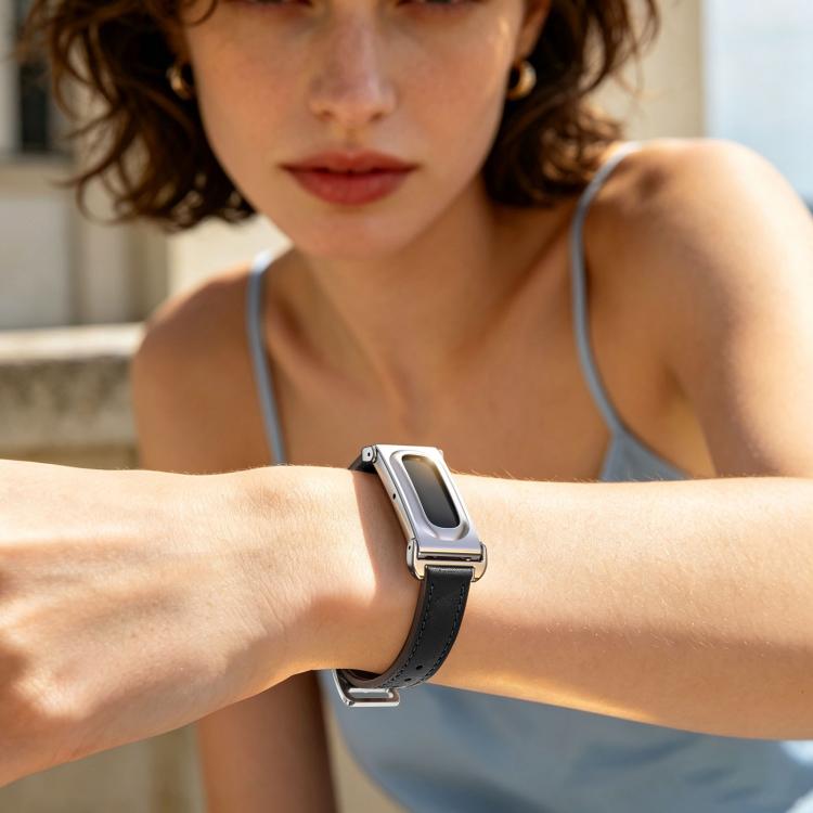 Metal Case Integrated Slim Genuine Leather Watch Band, For Google Fitbit Air
