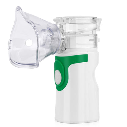 Handheld mesh nebulizer with clear face mask and green power control on white body