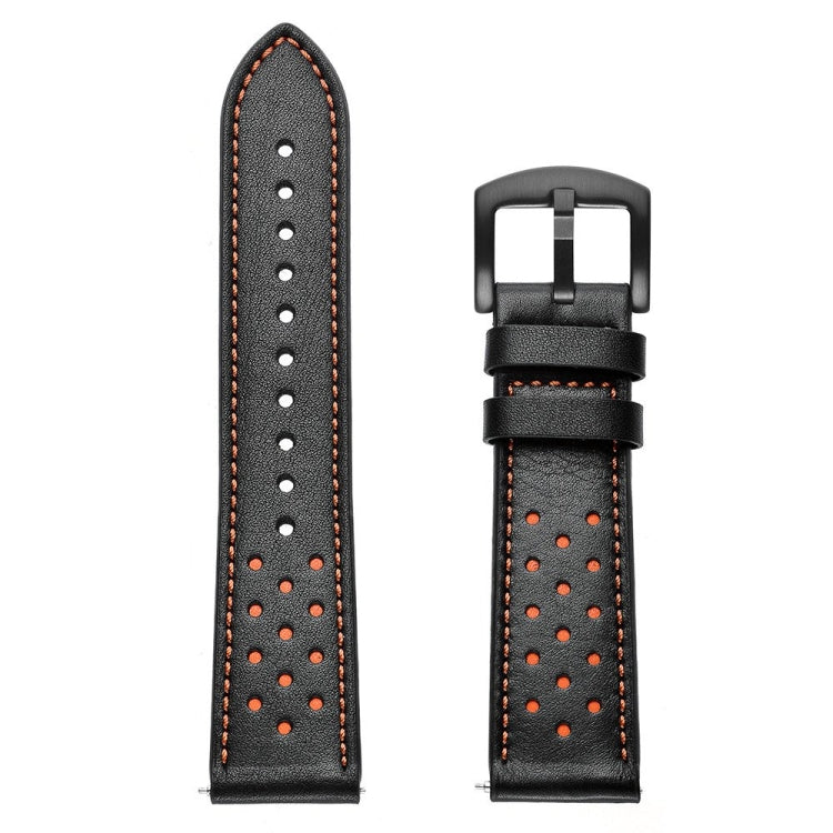 Leather sport watch strap in black with orange perforations and stitching, buckle clasp