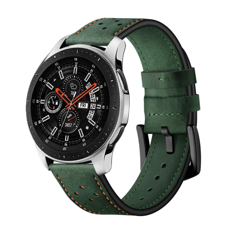 Leather sport watch strap in dark green with perforations and matching green buckle clasp