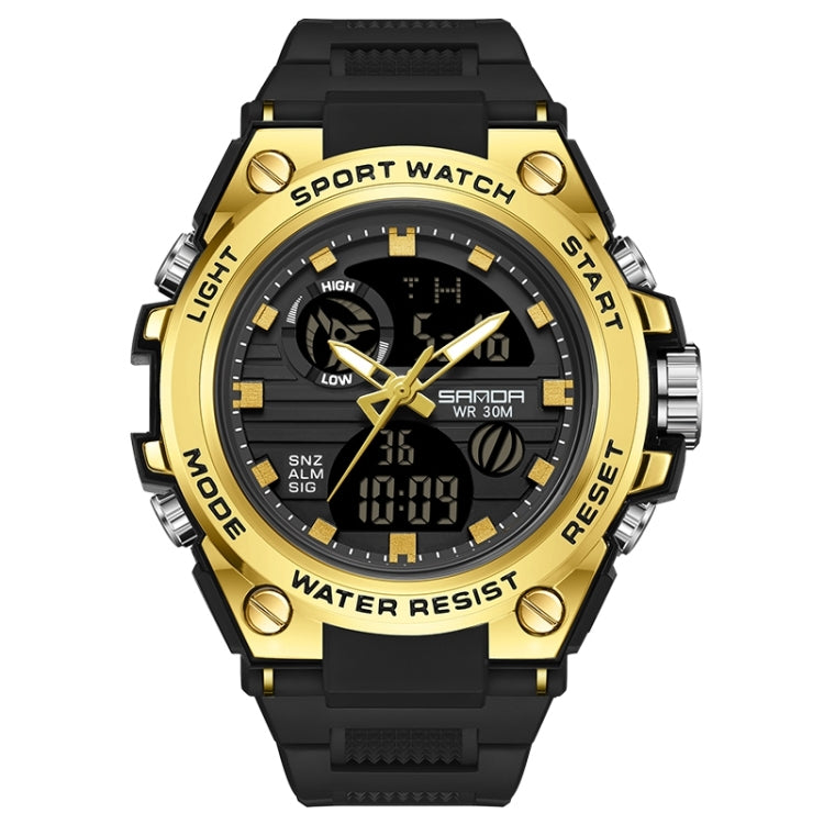 Gold-tone sport wristwatch with black silicone strap, round analog-digital display, WR 30M.