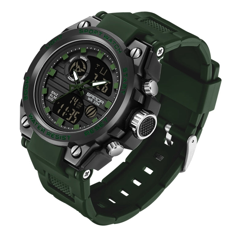 Green sport wristwatch with dark bezel, chunky design, silicone strap, digital display.
