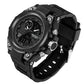 All-black sport wristwatch with silver buttons, black silicone strap, analog-digital face.