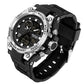 Silver-tone sport wristwatch with black silicone strap, round analog-digital display, WR 30M.
