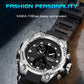 Sport wristwatch with silver case and black silicone strap, digital readout on dial face.