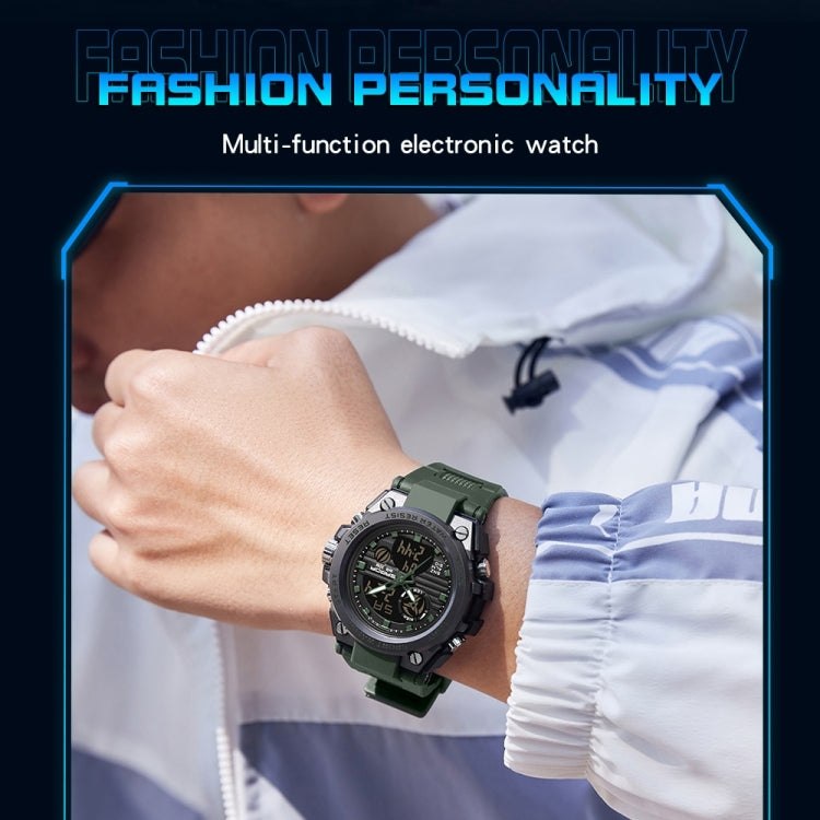 Green digital sports watch on wrist with round black dial and sporty strap