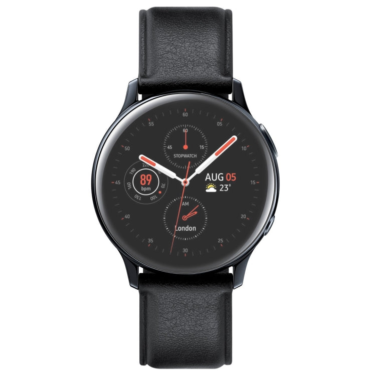 Transparent screen protector film covering black round watch display, curved edge fit