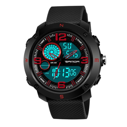 Black digital sports watch with textured rubber strap, round bezel, side buttons, blue screen