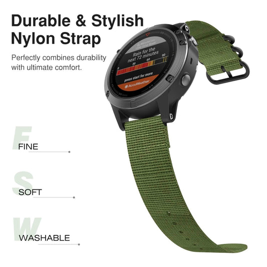 Army green nylon watch strap with metal buckle and woven texture