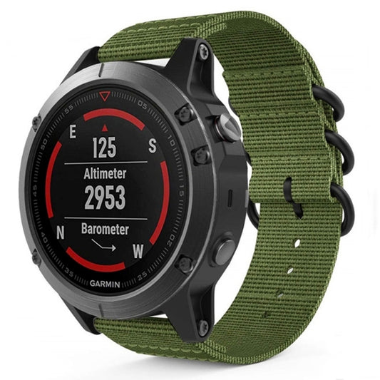 Army green 22mm nylon watch band with three-ring strap and black buckle loops