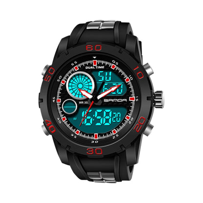 Black waterproof LED digital sports watch with turquoise glowing time display