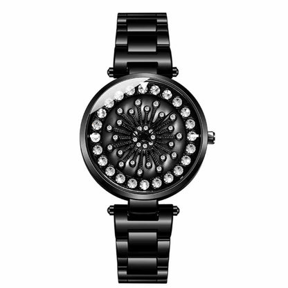 Black lady watch with round rhinestone bezel and black steel link band