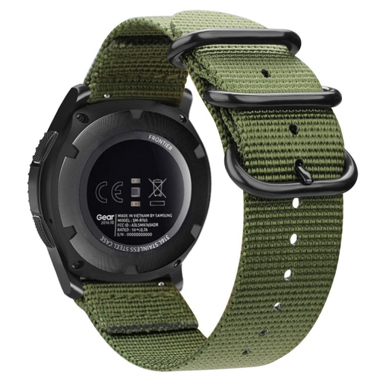 Army green nylon three-ring watch strap with black buckle, back view